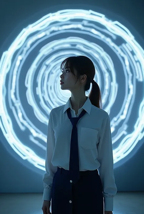 Sexy Japanese woman, 25 years old, Self Defense Force, uniform, navy blue tie, white shirt, long sleeves, navy blue pencil skirt, beautiful ass, bangs, low ponytail, brown hair, standing, ultrawide monitor showing white spiral light, she stares at the moni...