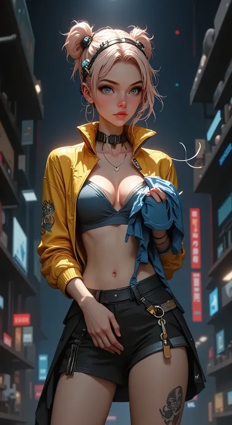 Unreal Engine:1.4,CG ultra realistic 64K, photorealistic :1.4,  skin texture:1.4,  masterpiece:1.4,Beautiful woman in babydoll lingerie、Ropa corta estilo cyberpunk color amarillo, pantimedias red , mini skirt blue,