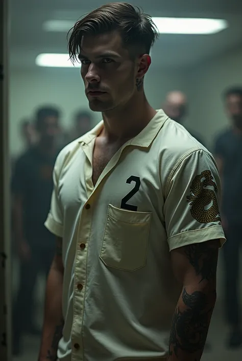 Make me an image a guy who is in the prison he is handsome yet pale like a vampire he wear a inmate shirt with a number 2 in his bicep shirt his background is a fighting scenes where inmates is  killing each other, he has a Dragon tattoo.