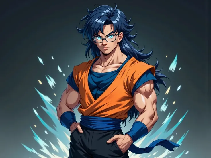 (highly detailed character portrait), (full-body shot of a man), (anime-inspired art style), (Dragon Ball influence), (intricate textures and vibrant colors), Pivalora1: (brown skin, long dark blue hair with flowing details, wearing square glasses), (green...