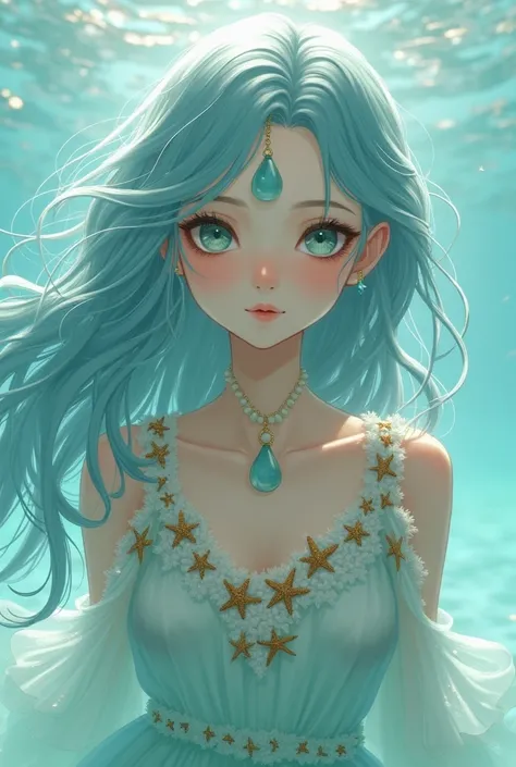  Beautiful 18-year-old girl with the symbol of a drop turning into a wave on her forehead Skin:  Pale and translucent ,  like light that filters into water .
   * hair: long and wavy, like blue-green seaweed 
   * eyes: Large and watery ,  of a light blue ...