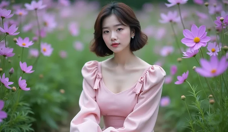  beautiful Korean woman in her 40s putting her hand in her pocket, , smooth white skin ,  neat and quiet look ,  Short Medium Length Hair ,  Korean style hair , Wearing a beautiful dress,  motley pink knee length ,  beautiful ribbons on the left and right ...