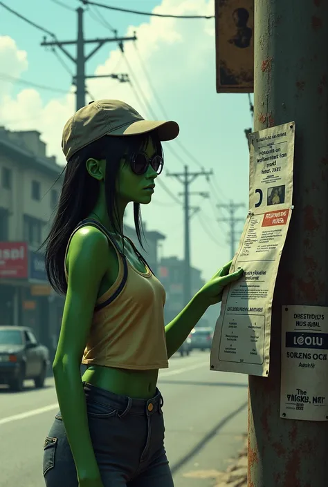 wearing a cap {x}posting flyers, The power pole , 도시길거리, alien girl with a,mask on a city street , with green skin , A, 