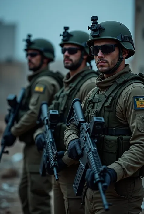 Three Israeli soldiers, wearing Israeli army combat uniforms complete with modern Israeli army combat helmets,M16 rifle, Israeli army combat glasses,Front view, zoom camera,Very cloudy dark night atmosphere,Typical Palestinian war zone ruins background,Ver...