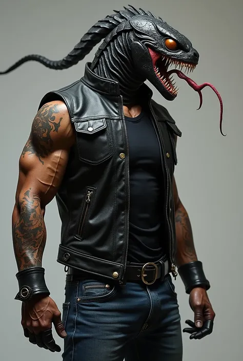 Muscular  venom in ,sleeveless jacket, metallic muscles, leather jacket , jeans, biker boots, futuristic style , trending on artstation, sharp focus, studio photo, intricate details, highly detailed, by greg rutkowski