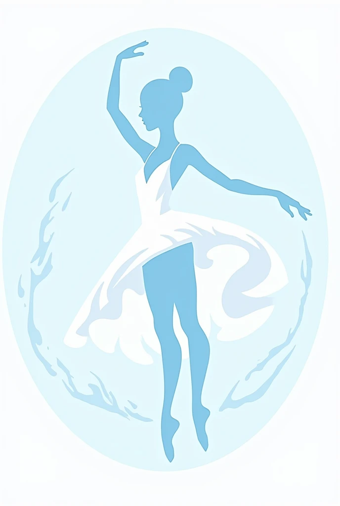 Generate a logo of a ballerina in a long white dress, her one leg  must be in the air in 90 degrees and arm must be in the air, like she is dancing. The colors must be light blue and white. The dress must look like water splash. The logo must be in a round...