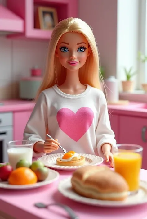  Realistic image of Barbie in white pajamas ,  with a pink heart print on the front of her long-sleeve t-shirt, eating breakfast with fruit , milk, juice,toast,the cake,  on the pink kitchen table of her Dreamhouse  