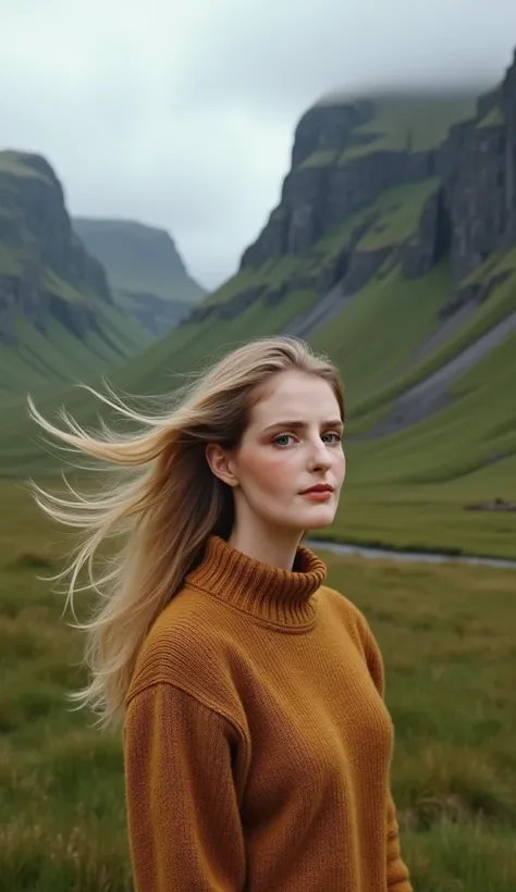 Make her hair blonde. make her wear a sweater, faroe islands scenery