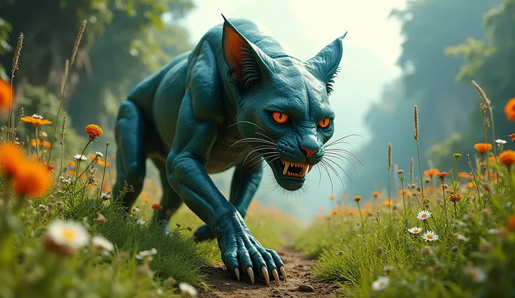 a large alien big cat predator, extremely detailed, on a lush meadow surrounded by exotic plants and flowers, birds eye view, avatar movie style, cinematic lighting, vibrant colors, intricate details, photorealistic, 8k, best quality