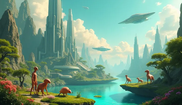 "A vibrant fantasy landscape filled with lush green nature and towering futuristic buildings, with aliens and spaceships illuminated by a sky of turquoise and gold hues. The buildings are architecturally advanced and elegant, while the landscape is filled ...