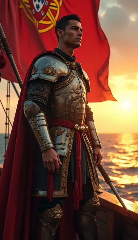 " Ultra-realistic image of Cristiano Ronaldo as a warrior commander with a strong physique and imposing presence,  in Renaissance armor adorned with Portuguese symbols . He is on the deck of a large ship ,  holding a banner with the Portuguese cross ,  as ...