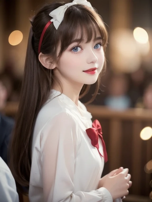 ( extremely delicate and beautiful: 1.2),  One girl , bangs,  blue eyes, Blur, Blur background, bow, Brown Hair, shut up, Side View, Eyebrow hair, hair bow,  lantern, Particles of light,  Long Sleeve ,  watching the audience,  medium hair,   knight , red b...