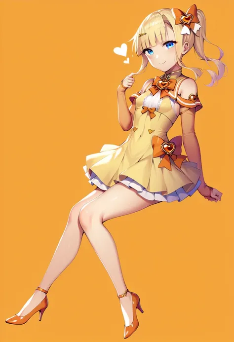 ,  Magical Girl ,  blue eyes, Blonde,  long hair,  ponytail, orange bow ,  hair accessories, heart  hair accessories,  yellow dress, small breasts,  taut chest,   Detachable Sleeves ,  white knee-high ,  Orange High Heels ,score_9, score_8_ up, score_7_ up...