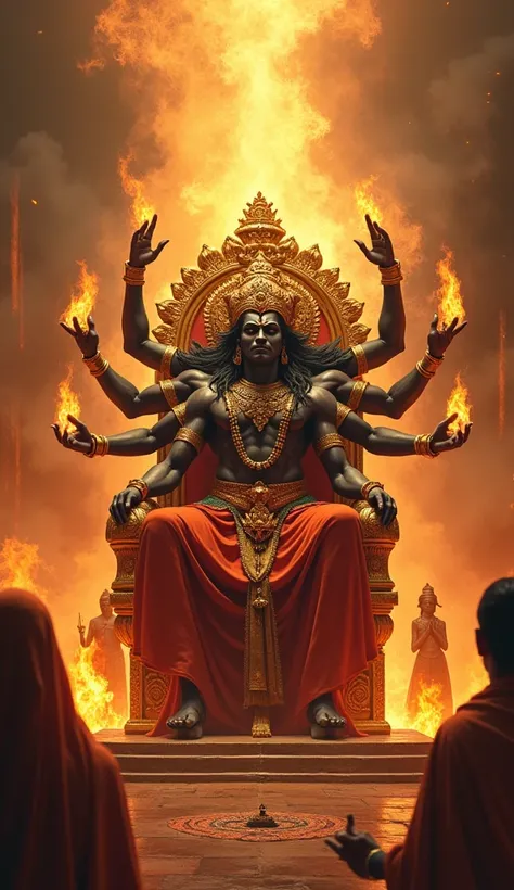 A dramatic scene showing a ten-headed demon king Ravana sitting on his golden throne, with flames around him symbolizing his tyranny. Devas, led by Brahma, are praying to Lord Vishnu in the heavens, and Vishnu, glowing with divine energy, promises to take ...