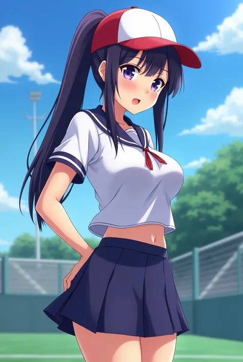 Japanese animation style、 high school girl、Wearing a tight uniform、 Baseball Cap 、 Practice Area、Dark Purple Long Hair、single ponytail、 purple pupils、 full breasts 、From Taiwan