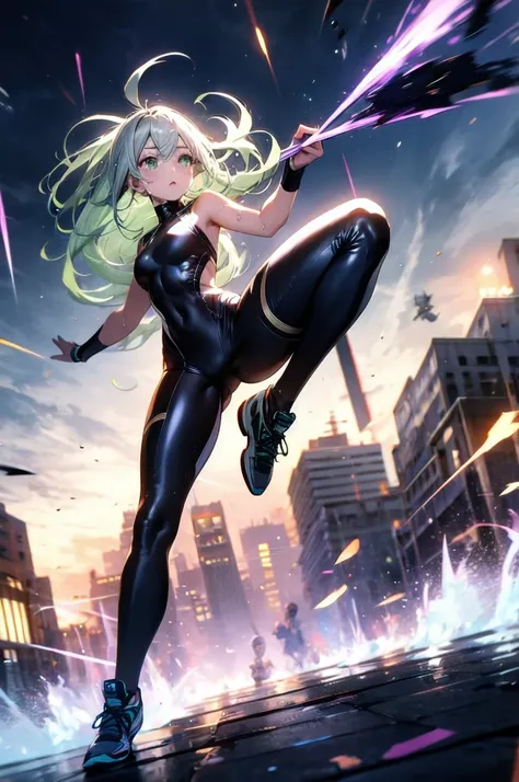 A beautiful girl with silver cat ears, green eyes, silver hair, long hair, black and white battle suit that fits her body perfectly, the background is the night city, the age is 14, dark night, sweat, steam from exhalation, dynamic angles, dynamic action p...