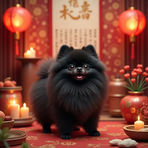  Take this picture ， with a Chinese （Happy winter solstice），Also, the dog is （ an all-black Pomeranian {x} a beige Pomeranian， an all-white Pomeranian 、 an all-black Pomeranian ， and a beige poodle ）