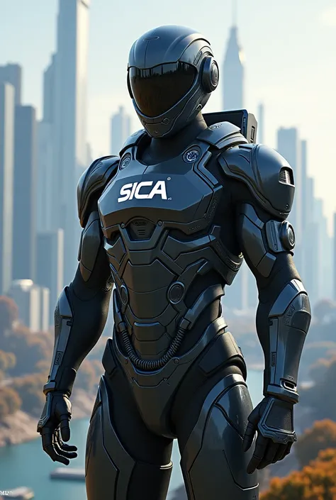 Futuristic soldier with the acronym SICA on his chest