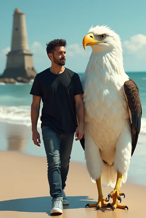  Cool guy age 29 years old dressed casual black plain jeans light blue Converse shoes black white, walking with huge eagle bird white feathers photorealistic beach pillar background , digital art.