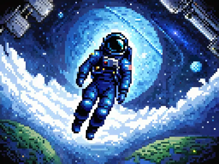 A very vast galaxy, surrounded by blue and black intertwined, an astronaut floating in space watching all this, the astronauts space suit is blue, the earth is moving away from the astronaut，8bit, pixel art