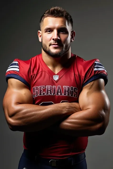 Nick Bosa, muscular, chiseled jaw, strong physique, undercut haircut combed back, short beard, showing off his well-defined physique. His skin glistens with sweat, highlighting his bulging muscles, Muscular man radiates confidence and power, his defined an...