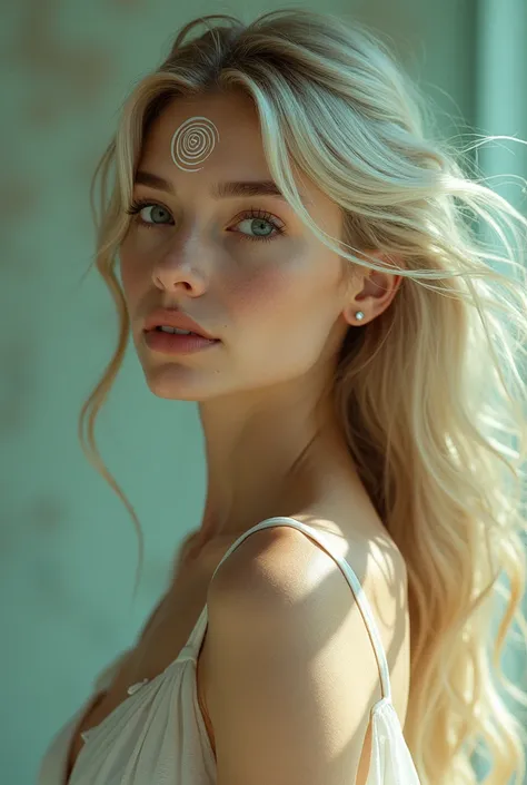 Beautiful 18-year-old human woman with moving spiral symbol on her forehead Skin:  Soft and luminous ,  with a slight golden or silver tone .
   * hair: Fluid and ethereal , like a cloud,  perhaps with iridescent reflections .
   * eyes: big and bright,  o...