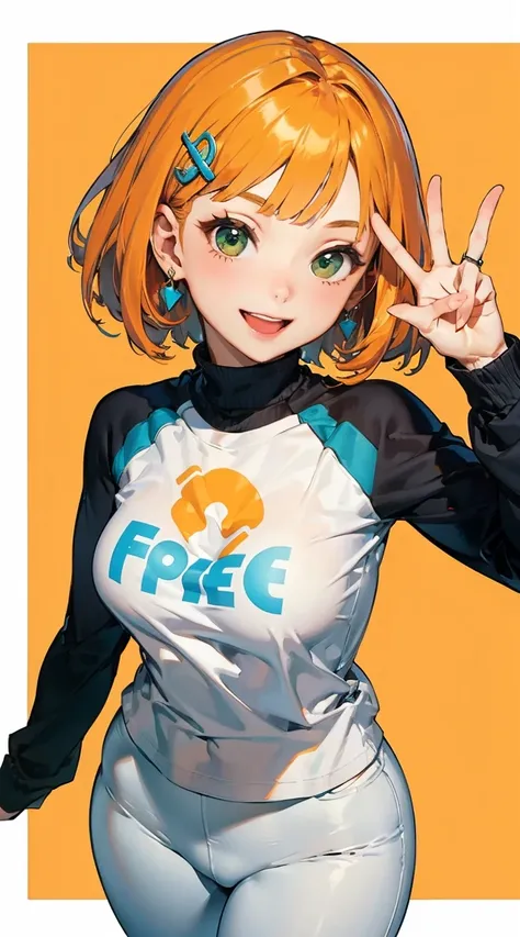 ,GwenSDXL,1girl,short hair,shirt,hair ornament,long sleeves,jewelry,green eyes,earrings,hairclip, tight white leggings,orange hair,swept bangs,raglan sleeves, small tits, smiling,, smile, open mouth, , peace sign or v-sign to give you decent hand, pov with...