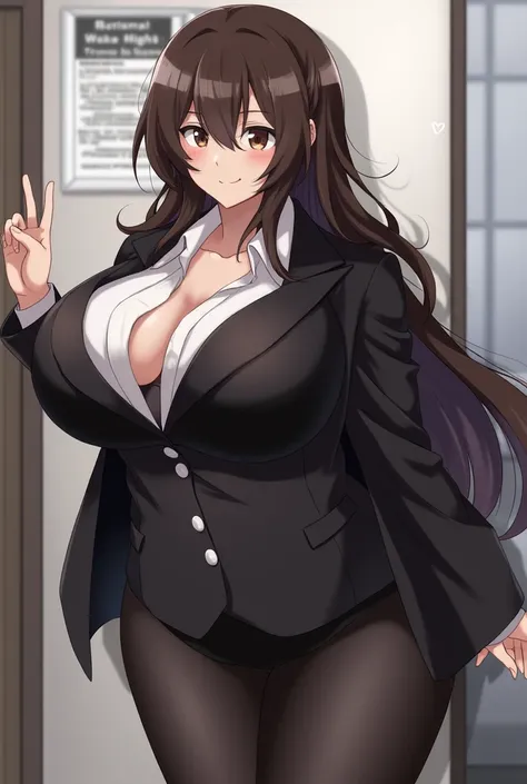 giantess, {mature female}, large breasts, cleavage, tall female, long hair, dark brown hair, bangs, shiny hair, brown eyes, tsurime, {crazy smile}, smirk, orgasm, in heat, faint lips, office lady, black jacket, tights, vulgarity, {{{{steam}}}}, {{{humid}}}...