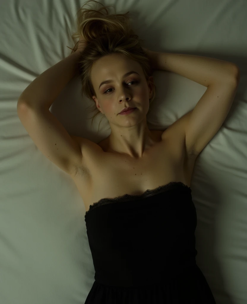 Carey Mulligan, picture from above, lying limp on a bed on back, black strapless dress , drunk face, arms up