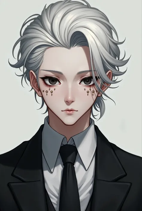 Make a portrait of a young man with white teas, black hair, black eyes, thin lips with eyelets on his cheeks high in a suit. 