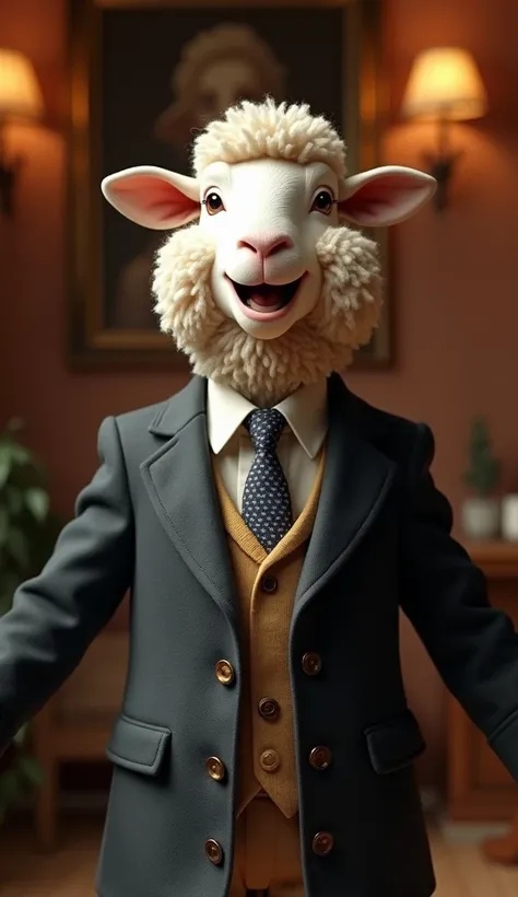  An ultra-realistic image of a male sheep ,  with a thick and soft coat ,  wearing elegant dress clothes .  He wears a well-cut suit ,  with an impeccable white shirt and a classic tie .  His radiant smile reveals joy and expectation ,  while he stands wit...