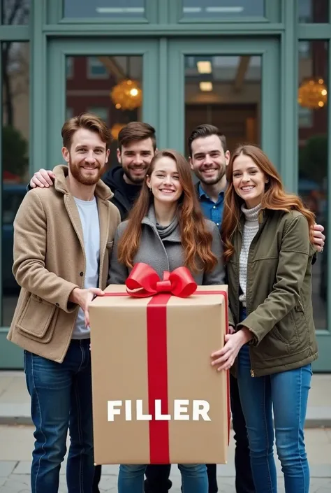  An image showing several young  (latinos)  men and women holding a large gift ,  in front of the gift box must have the following text : FILLER  ( in Spanish)
 The young people are about to enter a municipal drinking water office because they are going to...