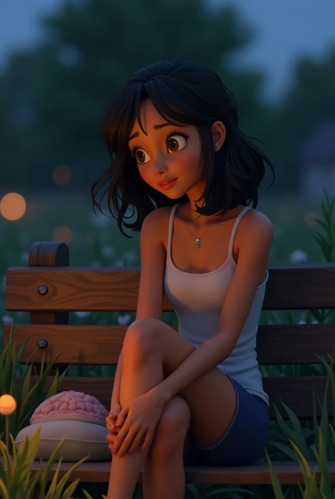 Light brown woman with disheveled black hair ,  sitting on a bench in a garden in the dim light of an evening  ,  with her legs crossed and her arms blistered on the back of the bench looking closely at something she cant appreciate. All of these with a Pi...