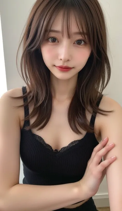  beautiful Japanese woman  , light , length, Messy,  damp brown hair ,  show me her armpits ,  beautiful armpits,  wave hair ,  brown eyes , Heavy makeup,  gal makeup, Landmine Girl,  black rouge  , Dark style,  Black Camisole ,  on her face 、  attractive ...