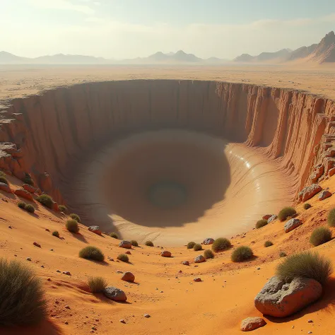 A large, deep crater in a desert in a gramine environment.