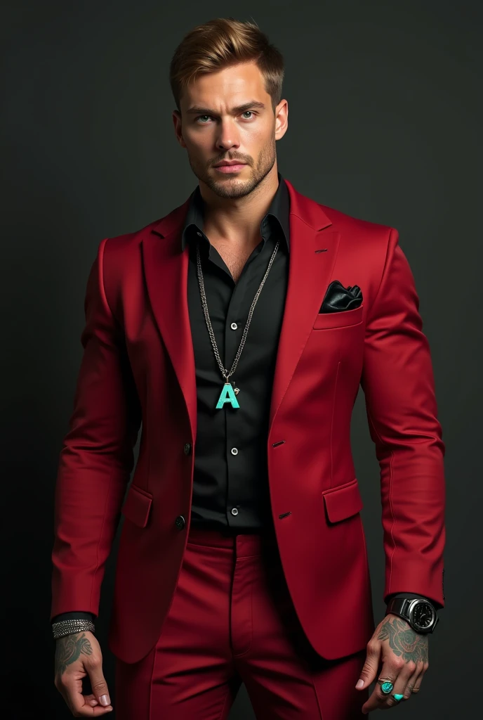 Create a male person of flesh and blood with the body of a gymrat and big legs, short light brown hair, honey-colored eyes, perfect nose, full lips, elegant crimson red suit and black shirt, black shoes on the neck, a black chain with a pendant of the lett...