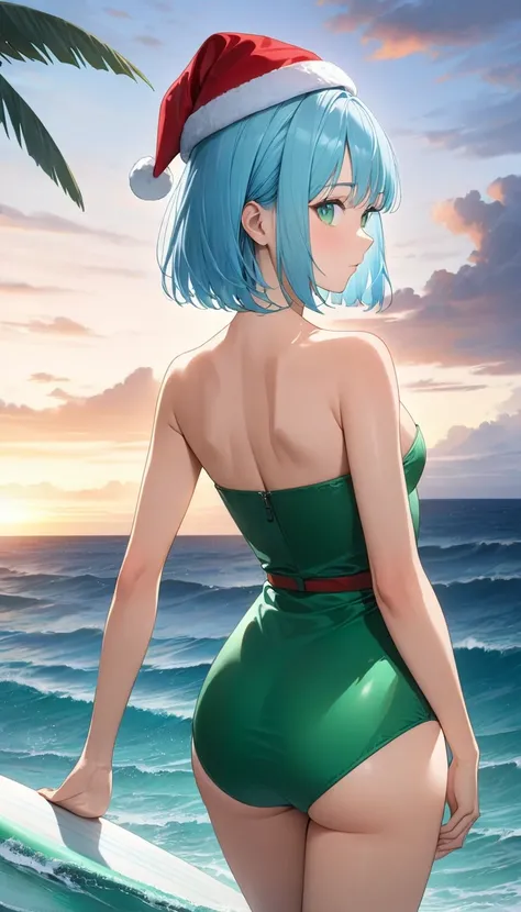 Highest quality、Light blue hair、Short Bob、Deep green eyes,20 years old,woman,small breast,red strapless swimsuit、Santa hat、Im standing on a surfboard and surfing、Hawaii、evening、back shot