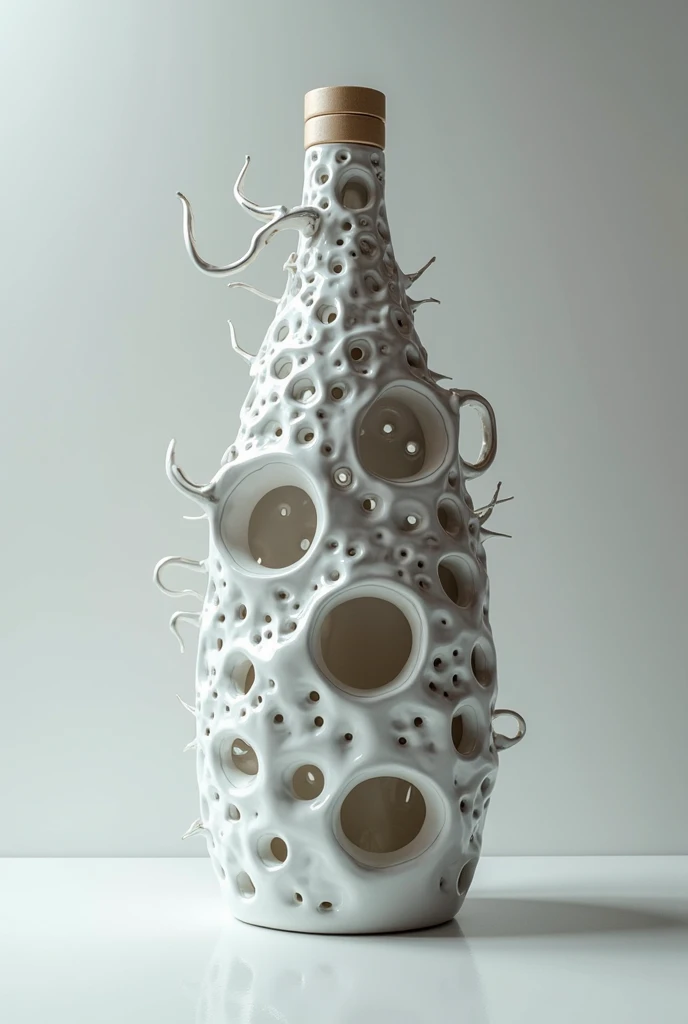 a highly detailed photorealistic white porcelain bottle, a blend of styles from Lee Bontecou, H.R. Giger, Zaha Hadid, organic and biomorphic forms elements, intricate texture in places in contrast to sleek designs, dark and moody color palette. masterpiece...