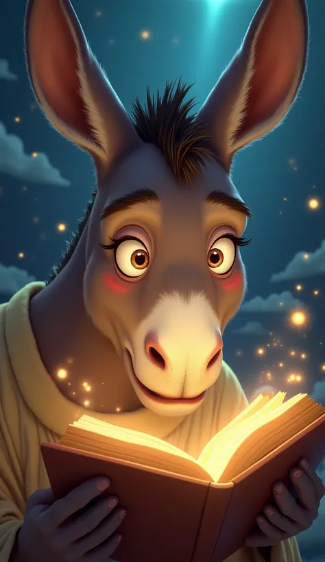 A close-up of the donkey’s face, its wide eyes and blushing cheeks showing embarrassment. Saint Peter watches with a raised eyebrow, holding the glowing book. The scene is filled with whimsical details, like sparkling stars and floating clouds.