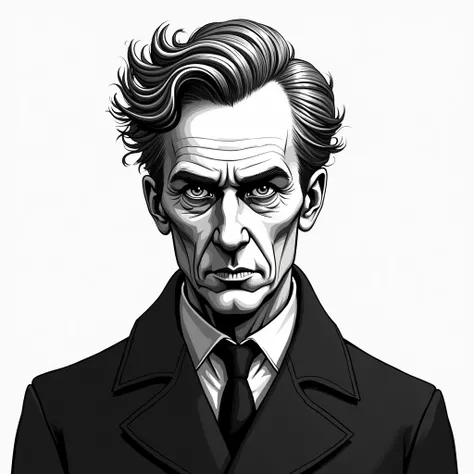 Create a front image drawn in black and white of SØREN KIERKEGAARD