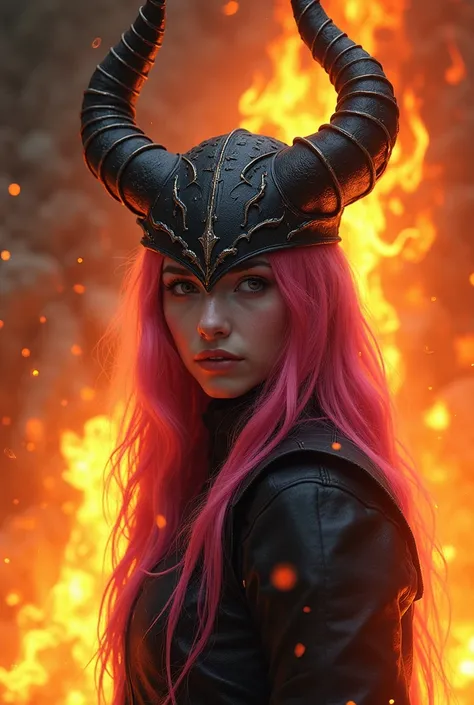 girl with pink hair and original skyrim daedric helmet. face open. all background in fire