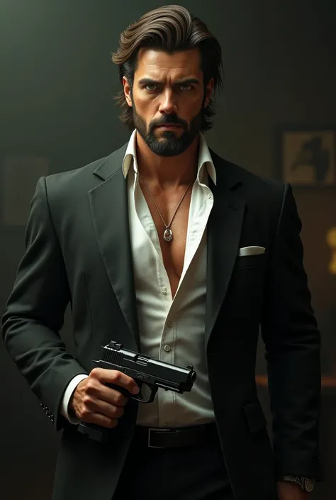 The image shows a man with well-kept, voluminous and slightly long brown hair, a clean and well-groomed beard and intense expression, dark green eyes. He wears an elegant and modern suit, a slightly open white shirt showing his defined and strong stomach, ...