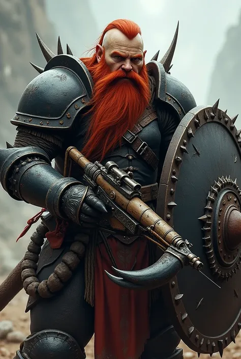 " An imposing warrior dwarf wearing a made with the carcass of a giant scorpion ,  with details that resemble shiny black chitin and sharp claws integrated into the design .  The armor seems organic and resistant ,  giving a menacing and unique aspect .  H...