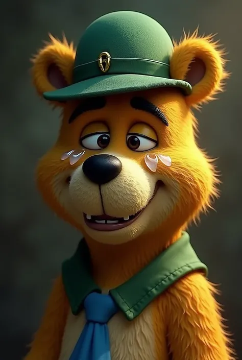 Create me images of the sad Yogi Bear crying that the Yogi Bear has tears on his cheeks that he is very beautiful and real