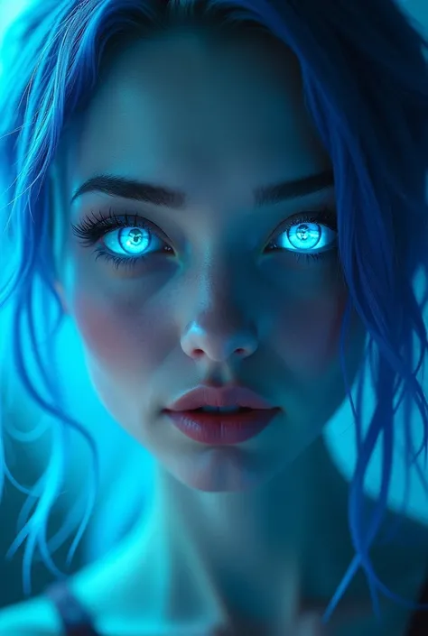 high quality, 8K Ultra HD, beautiful double exposure, woman like Jinx legends of Legends ,with blue hair, has beautiful bright blue sparkling eyes, clear lines, background is monochrome, sharp focus, double exposure, amazing full color