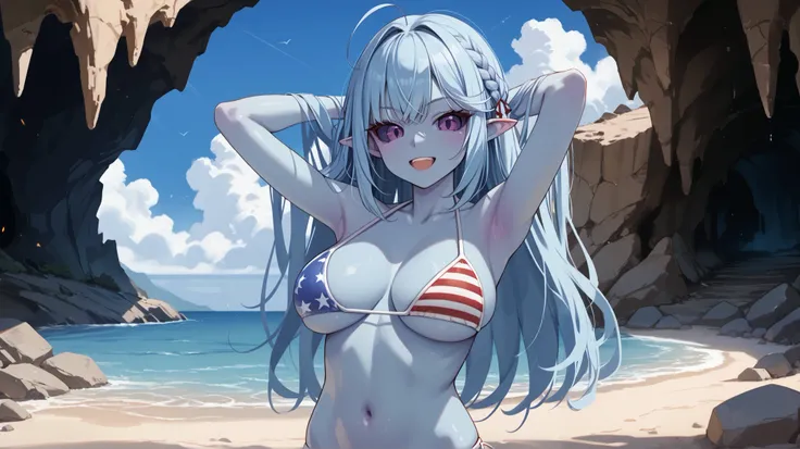 score_9_up, score_8_up, score_7_up, 1girl, solo, source_anime, american flag bikini, bikini, Alien girl, colored sclera, solid eyes, braid, ahoge, light blue hair, large breasts, pointy ears, long hair, purple sclera, purple eyes, (blue skin:1.3) BREAK

Am...