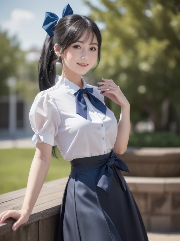 masterpiece, top quality,  High Definition ,  very detailed,  detailed background,(Fraulein Chrome, ( black hair,  semi-long hair,  blue bow ponytail),( white blouse, blue short ribbon tie , blue long skirt ),  small, Neat,  dark eyes,study,   Friendly Smi...