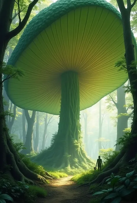 Perspective from under a giant leaf with a giant mushroom