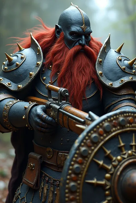 " An imposing warrior dwarf wearing a made with the carcass of a giant scorpion ,  with details that resemble shiny black chitin and sharp claws integrated into the design .  The armor seems organic and resistant ,  giving a menacing and unique aspect .  H...