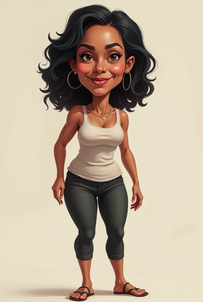 Caricature of a 59-year-old woman,  full body, Brown skin,  black hair, thin.